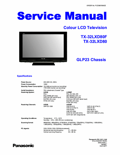 PANASONIC TX-32LXD80F, TX-32LXD80 service manual
